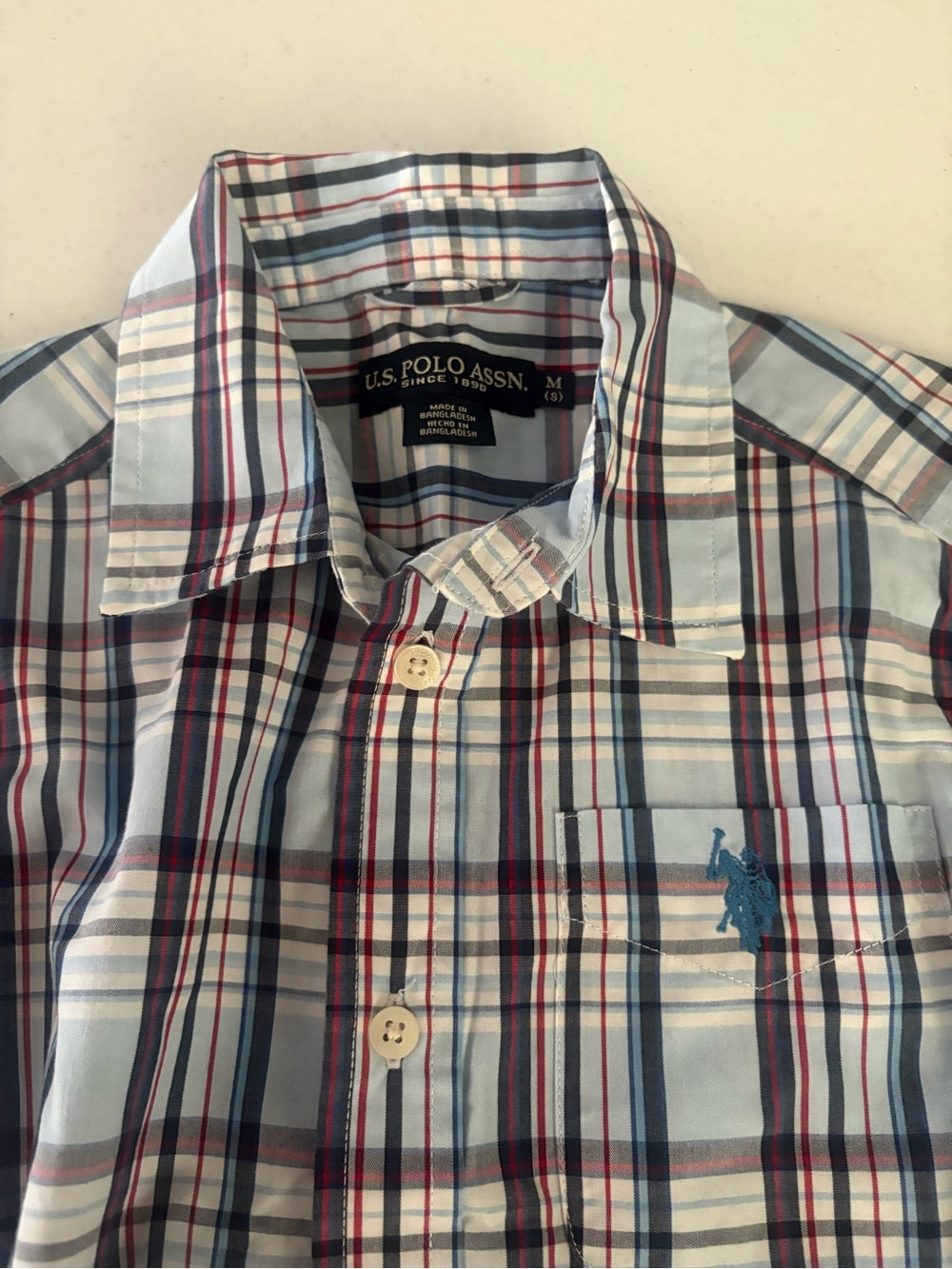 U.S. Polo Assn. Light Blue Plaid Button-Down Shirt with Red and Navy Stripes